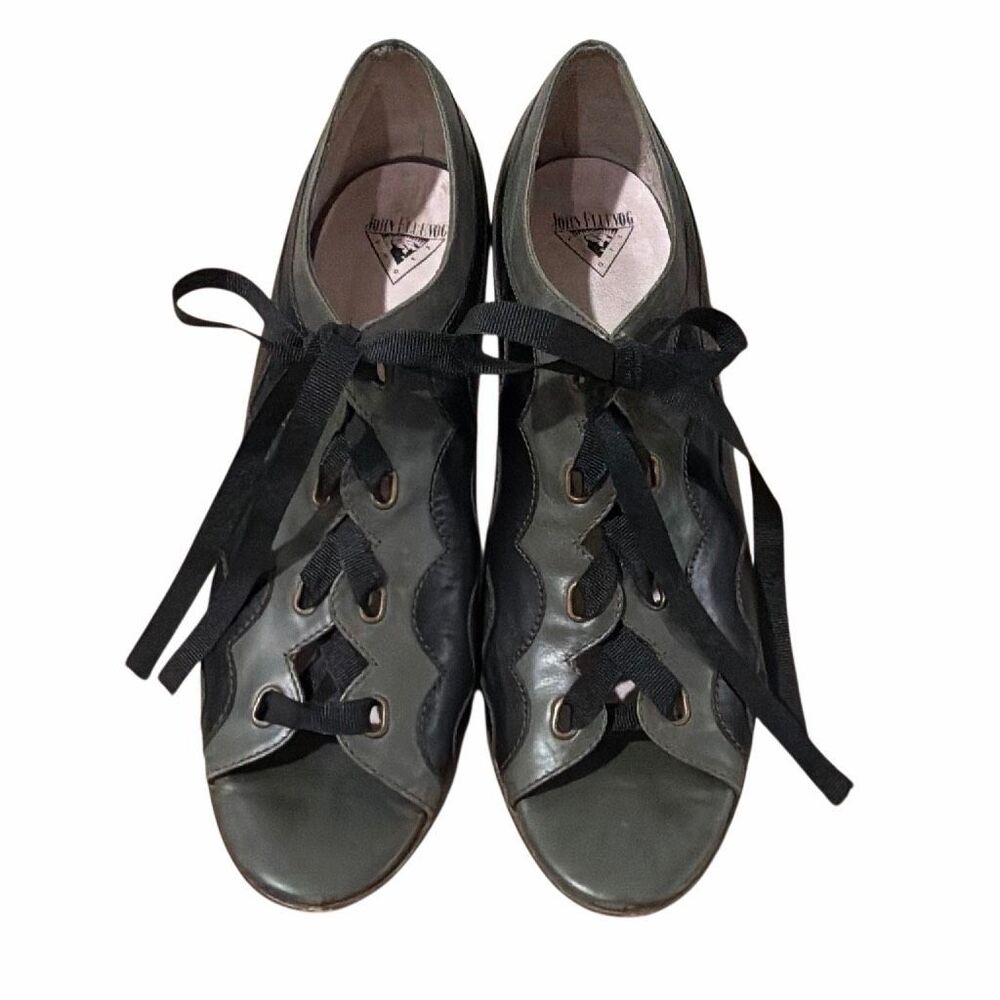 John Fluevog Teapot Yunnan Heels Black Olive Green Ribbon Lace Up Women’s 9.5 - Picture 2 of 16